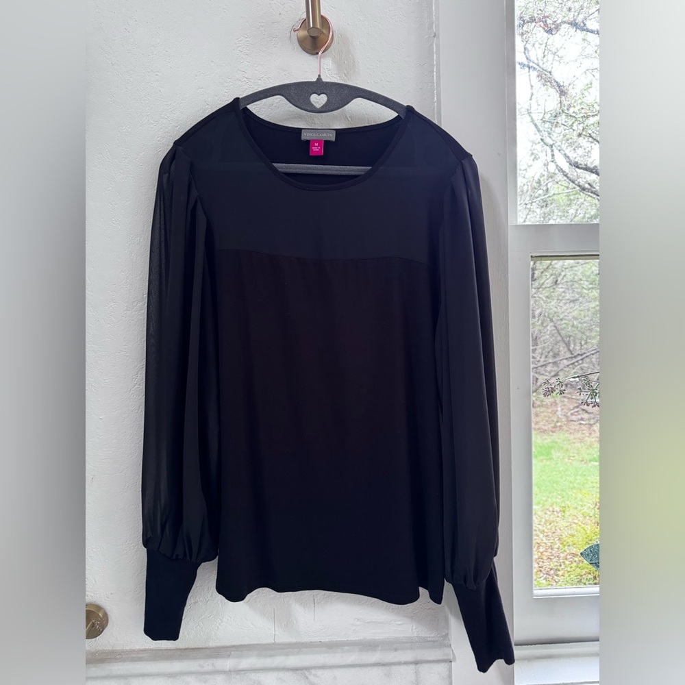 Vince Camuto Black Sheer Sleeve Blouse Size M Elegant Career Top